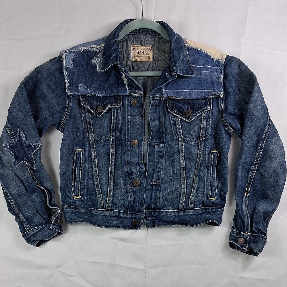 Polo Ralph Lauren Denim Jacket Distress Trucker Stars Stripes Patchwork